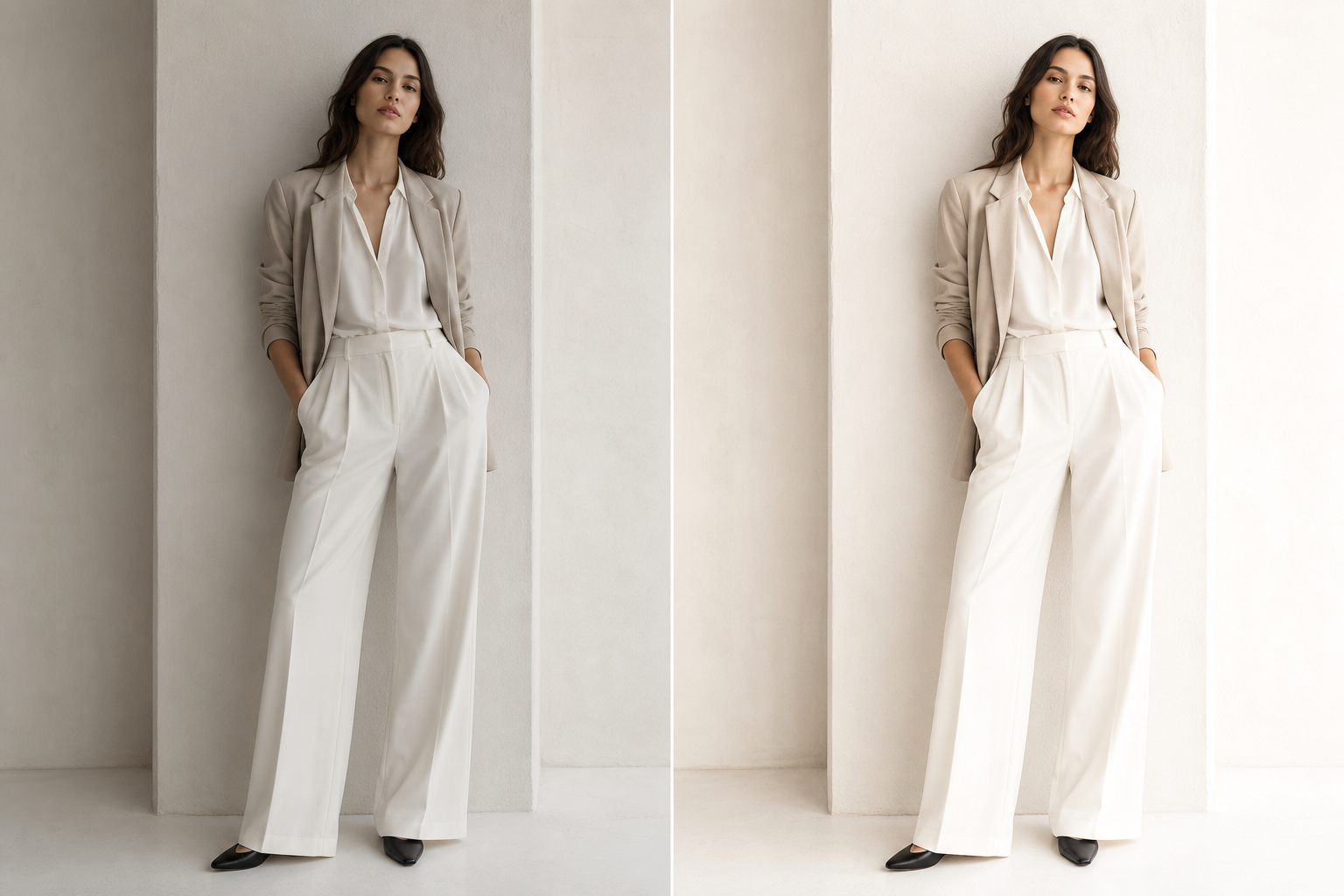 Fashion porovnanie pred a po s modelkou v minimalistickom svetlom outfite