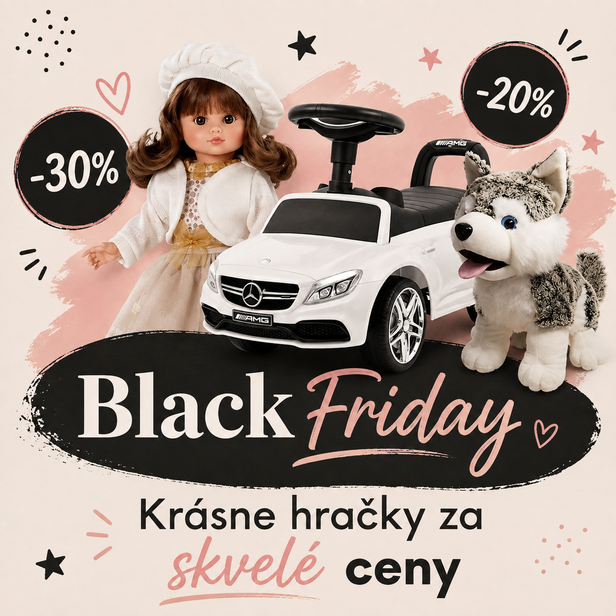 Ružový Black Friday vizuál CUCUO TOYS s bábikou, autíčkom a psíkom